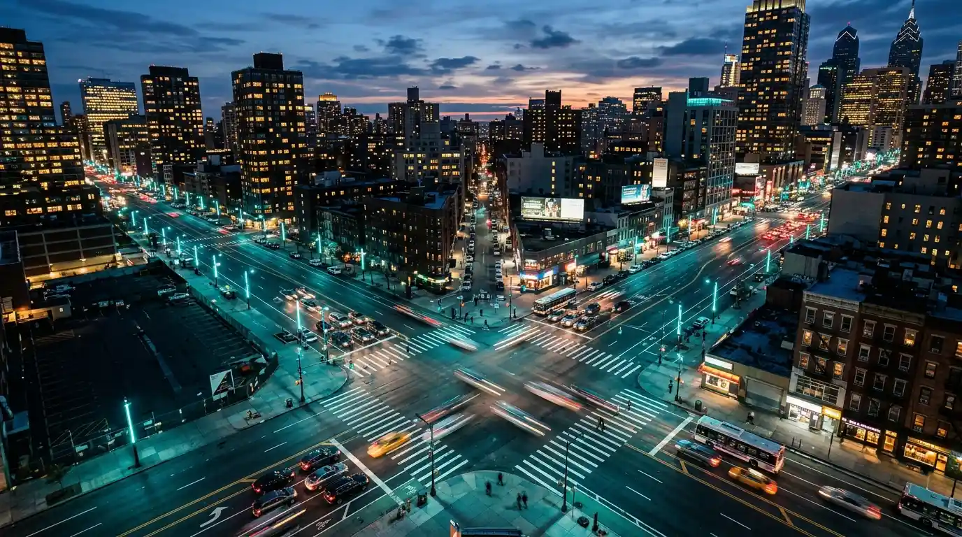 Aerial view of a city intersection with glowing traffic lights at dusk