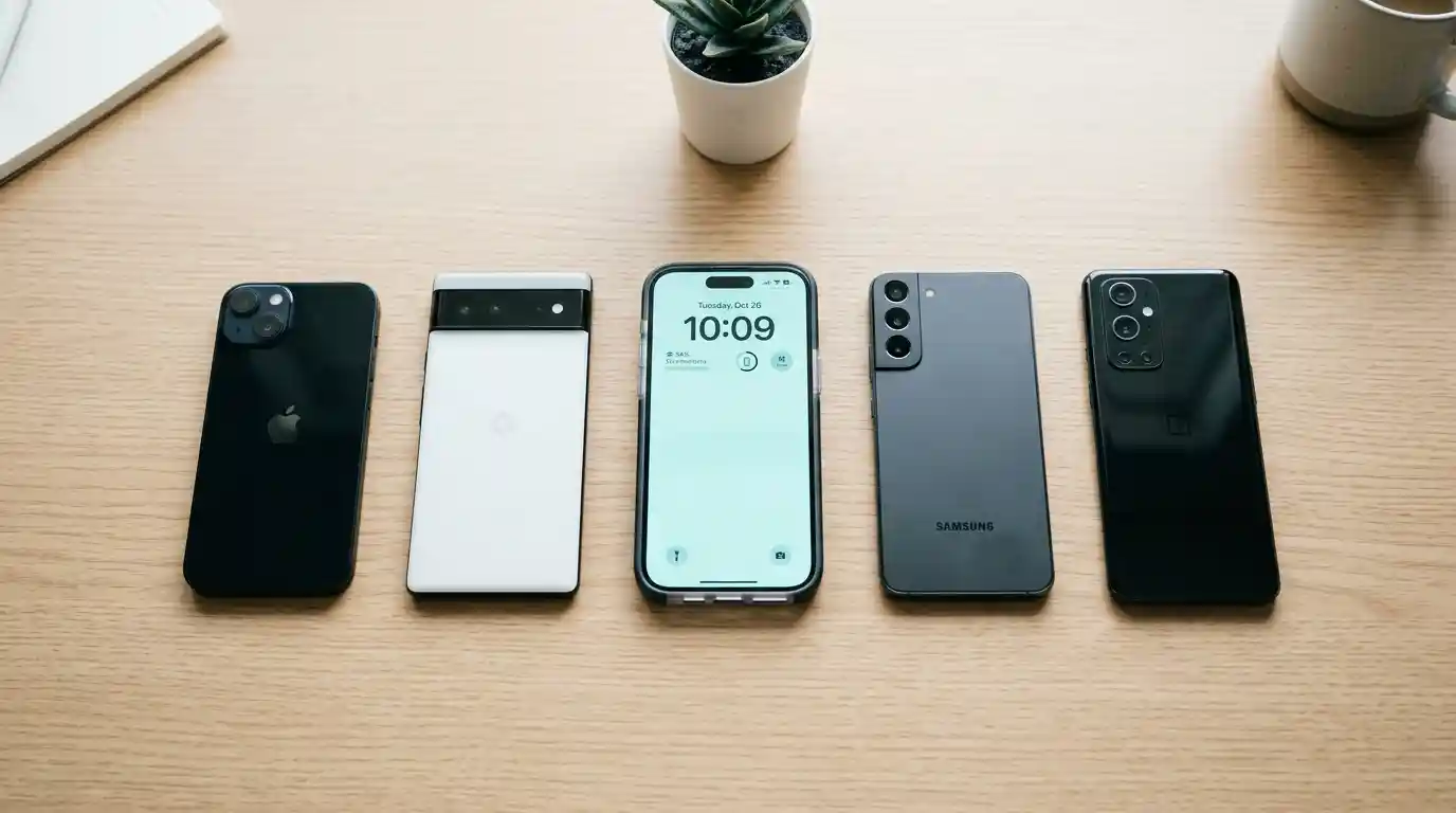 Several smartphones laid out for a buying guide comparison