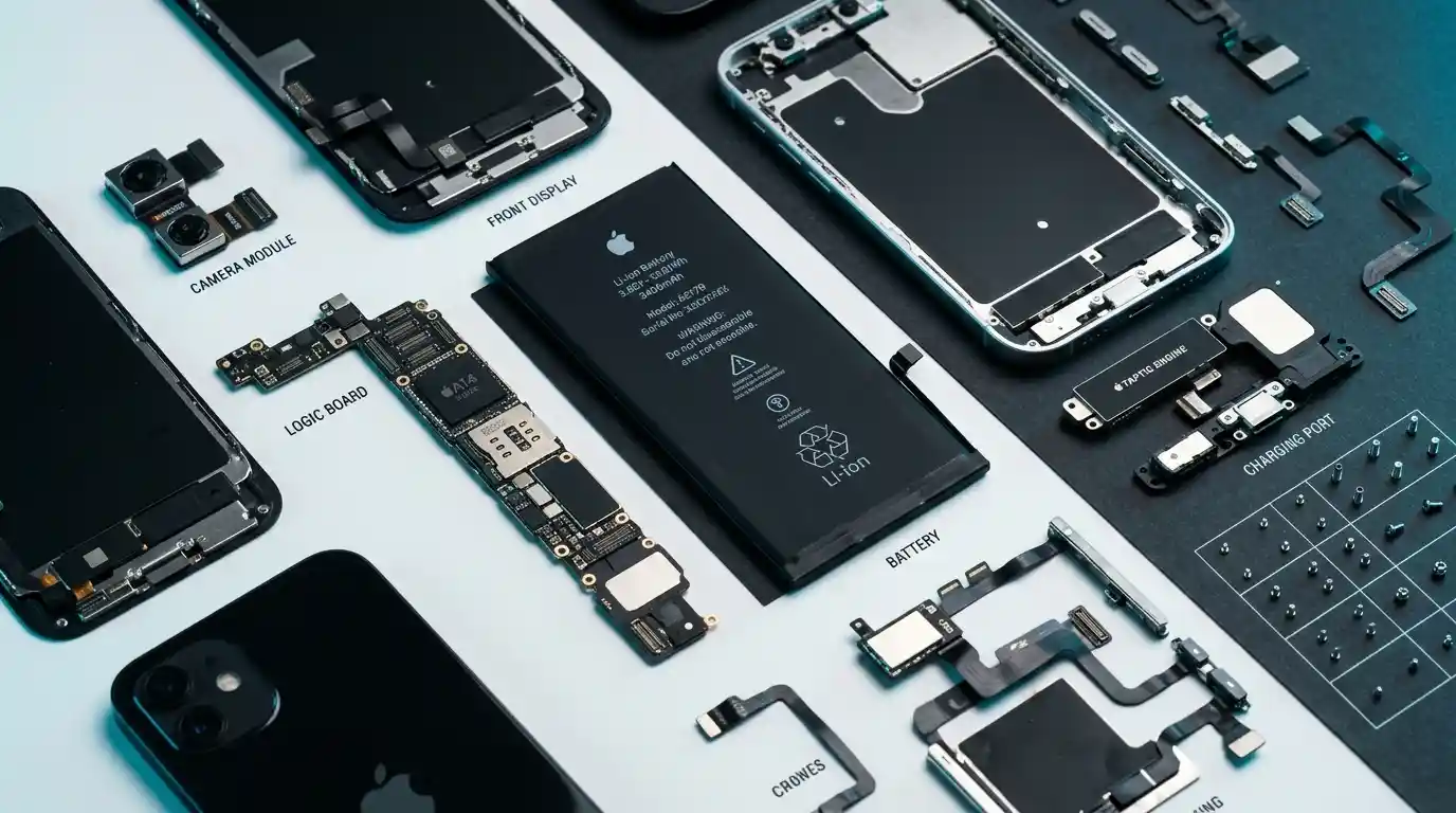 Disassembled smartphone showing its internal battery cell